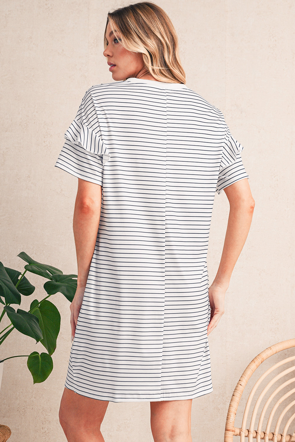 White Stripe Ruffle Short Sleeve T Shirt Mini Dress