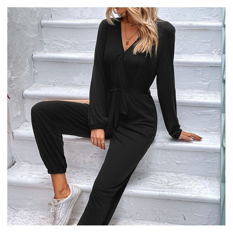 High-Waisted V-Neck Long Sleeve Belted Jumpsuit