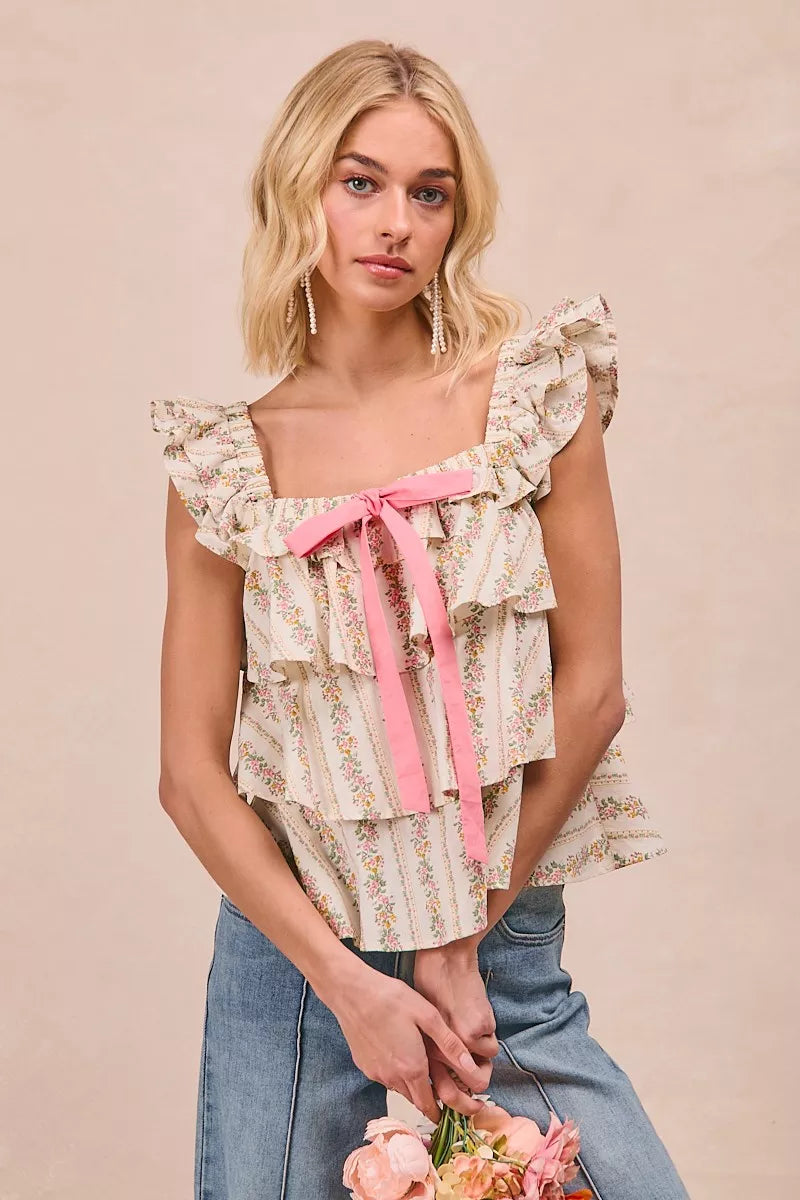 Floral Printed Woven Front Bow Tied Ruffled Square Neck Sleeveless Top
