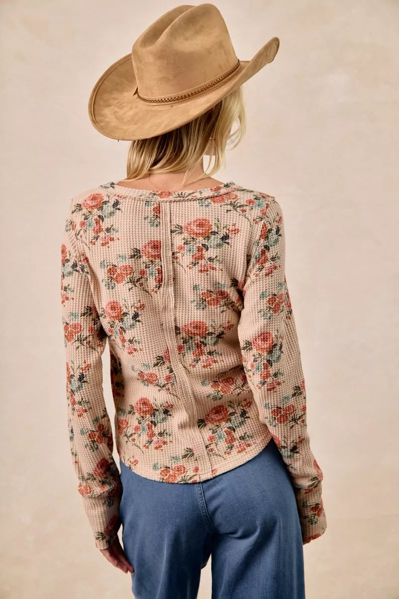 Floral Print Washed Waffle Thermal Top with Thumb