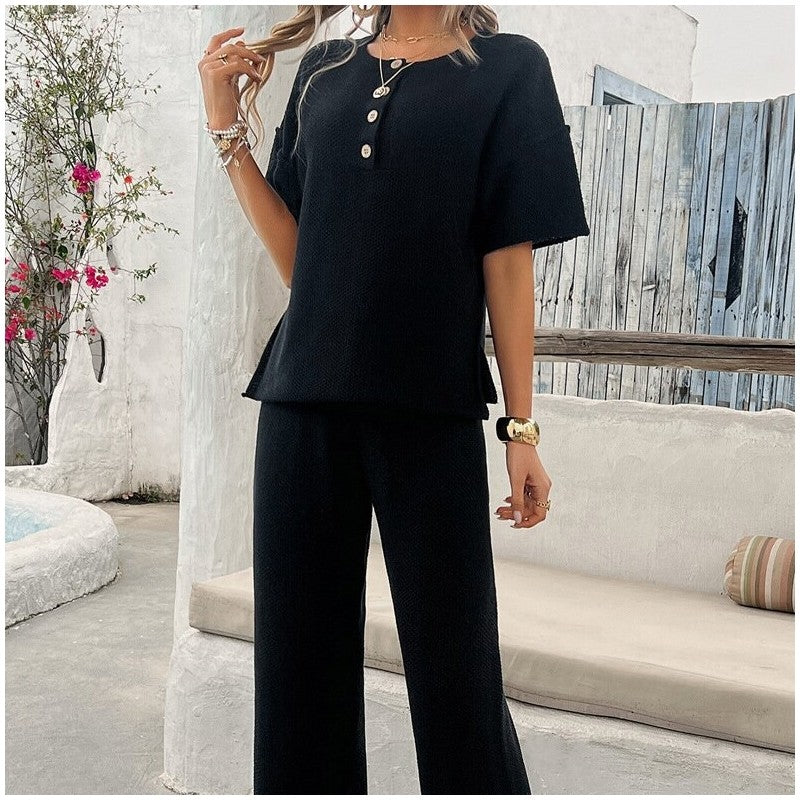 Solid Color Knit Short Sleeve Long Pants Set