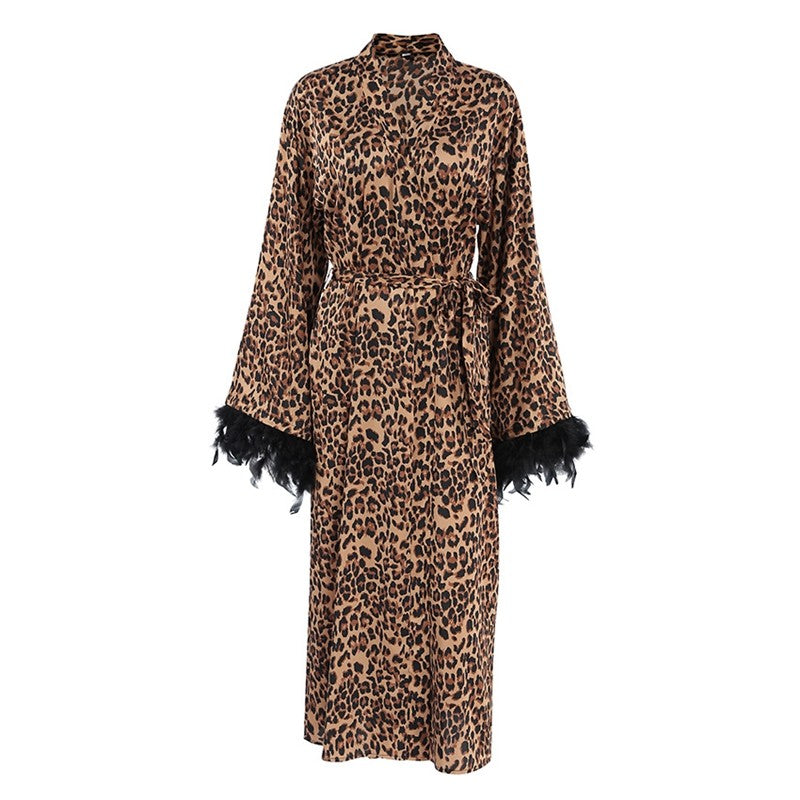Leopard Print Feather Patchwork V-Neck Long Robe