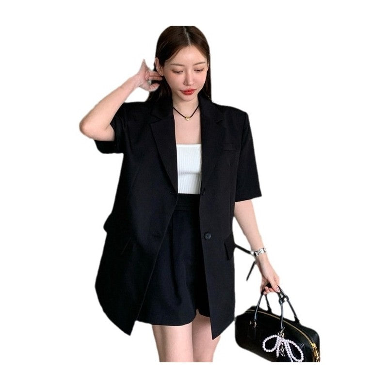 Single-Breasted Suit Shorts Set in Solid Color