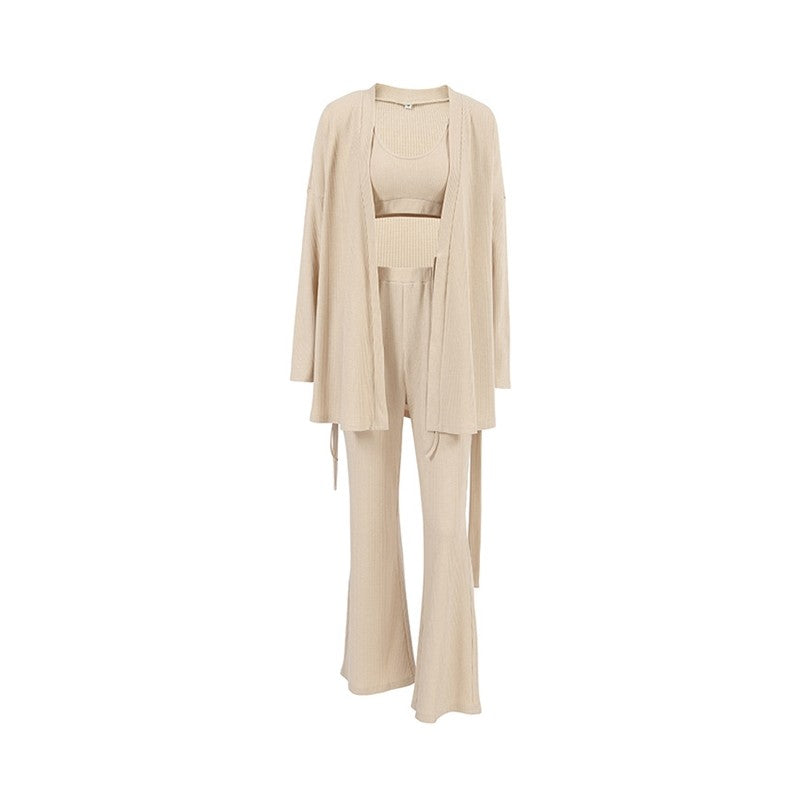 Knitted Bralette and Tie-Waist Cardigan with Long Sleeves and Coordinating Pants Set