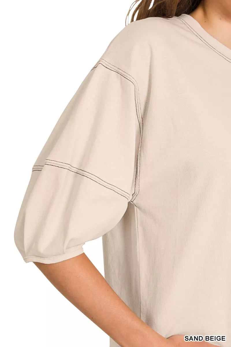 Balloon Sleeve Top with Contrast Stitching