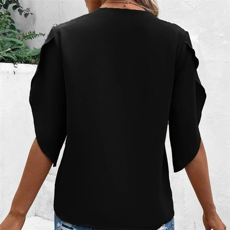 Solid Color Lace Trim V-Neck Trumpet Sleeve Blouse
