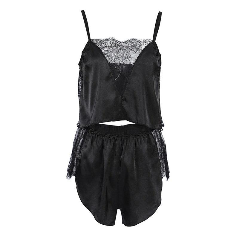 Lace-Trimmed Black Camisole and Shorts Pajama Set