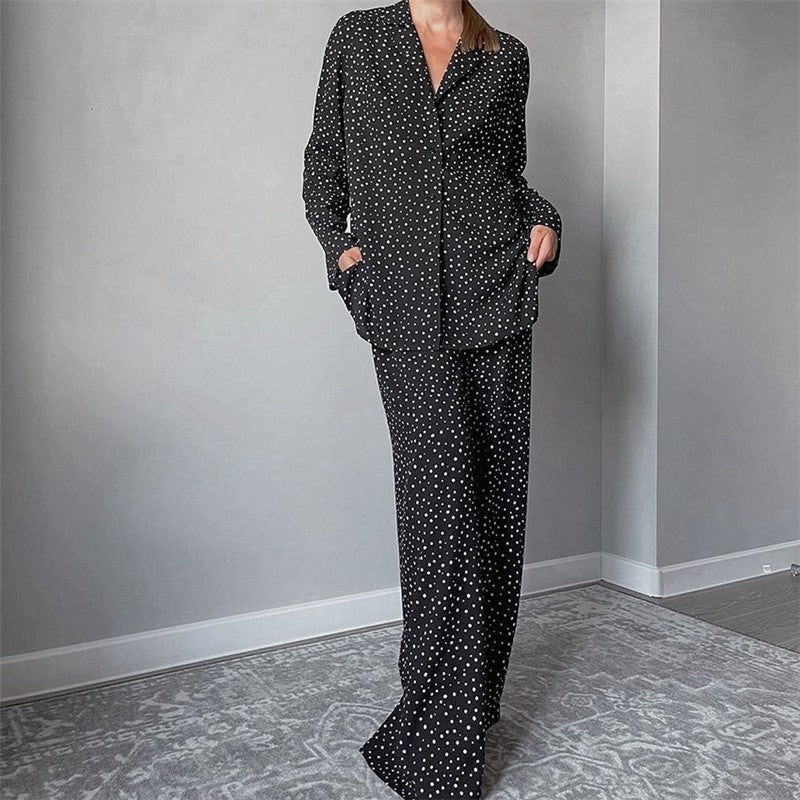 Loose Fit Polka Dot Long Sleeve Top and Pants Lounge Set