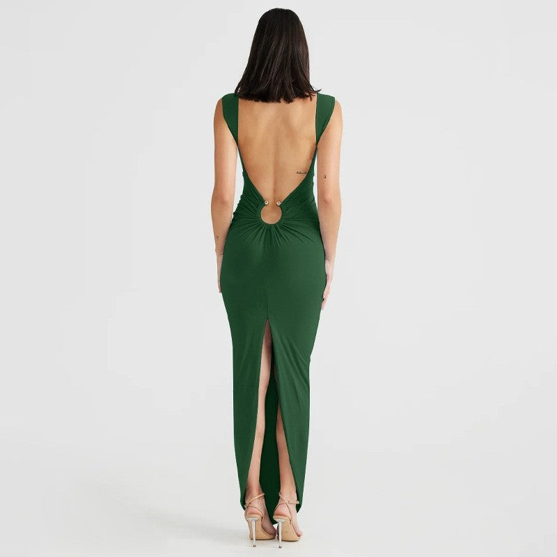 Solid Color V-Neck Backless Split Slim Fit Dress