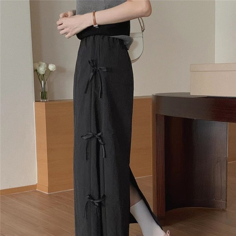 Solid Color Bow Tie Waist Midi Skirt