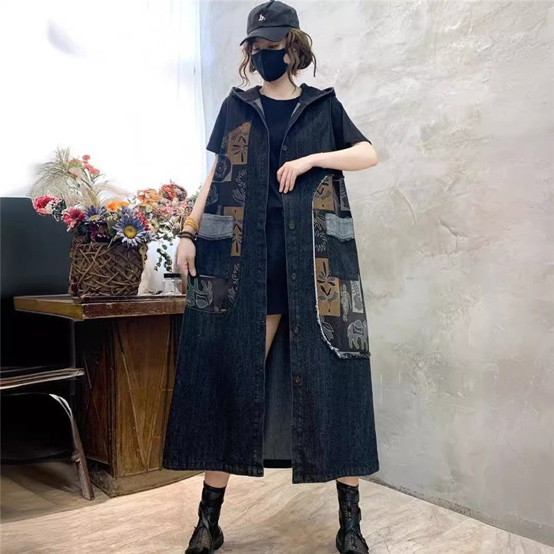 Vintage Loose Fit Hooded Denim Vest With Printed Pattern