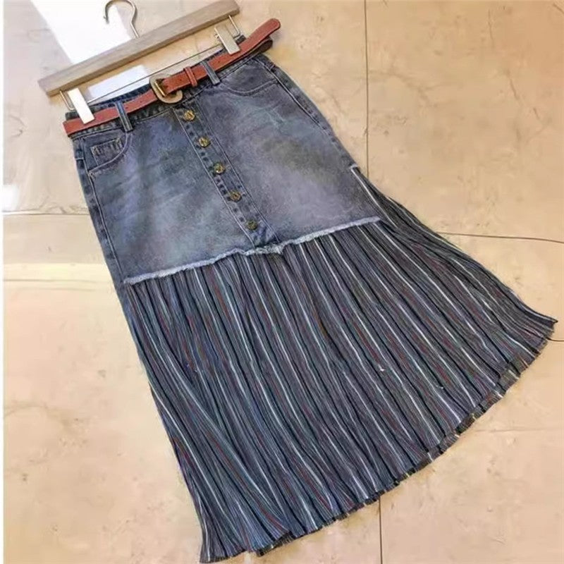Denim Patchwork High Waisted A-Line Skirt