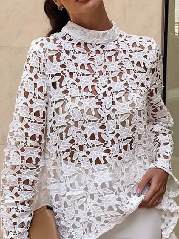 High-Low Long Sleeves Hollow See-Through Solid Color Stand Collar Blouses&Shirts Tops