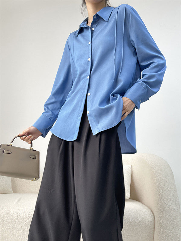 Long Sleeves Loose Pleated Split-Joint Lapel Blouses&Shirts Tops