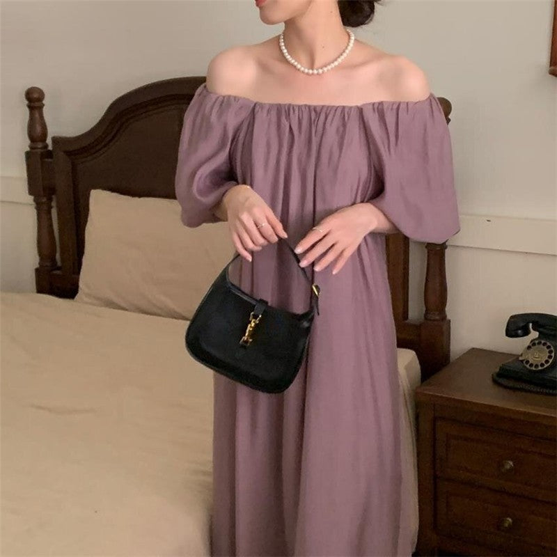 Solid Color Bubble Sleeve One-Shoulder Strap Pleated Dress