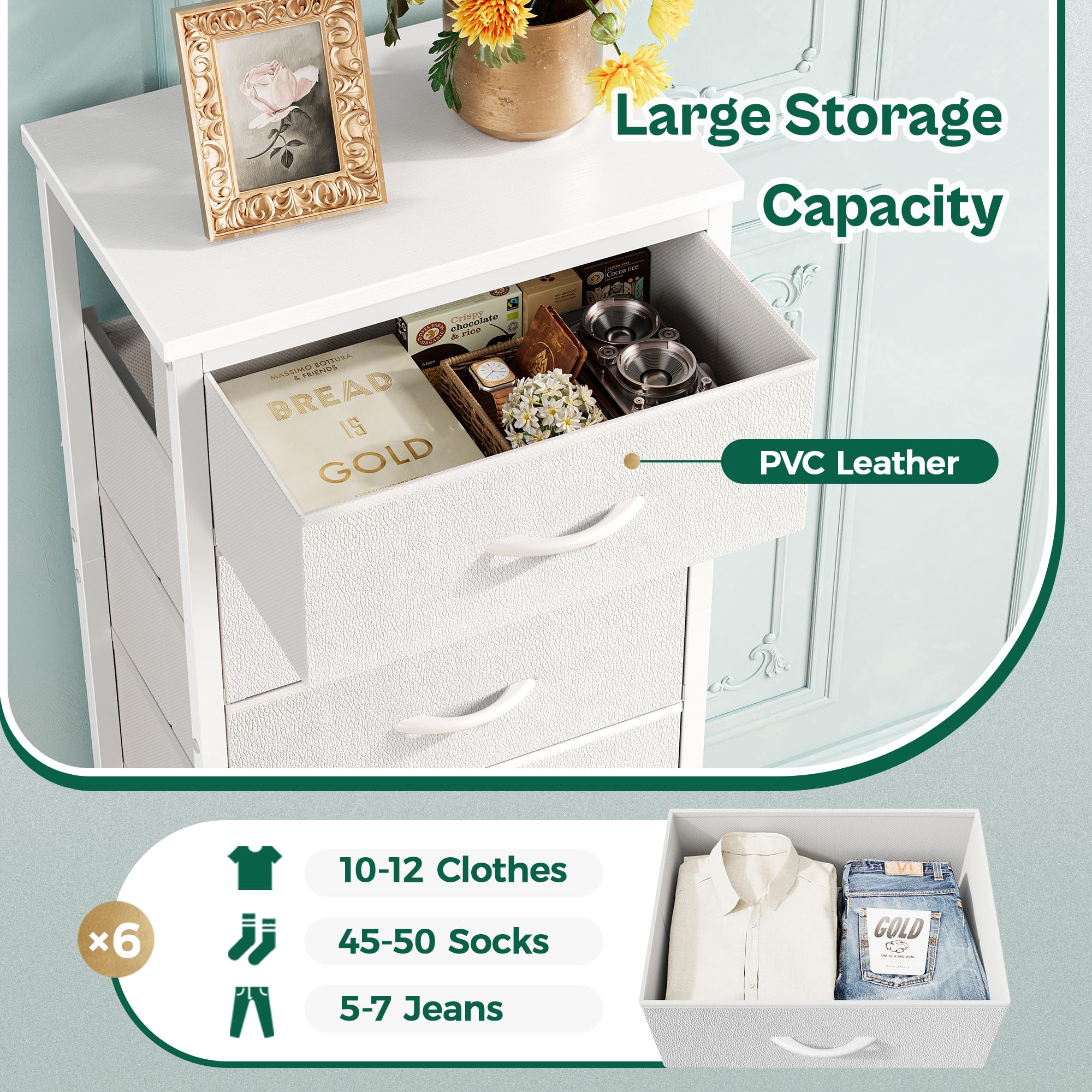 Huuger 43.3" 6 Drawer Fabric Dresser White Metal Frame Bedroom Storage