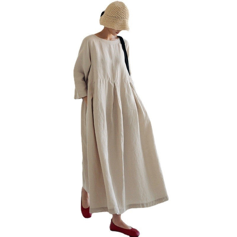 Plus Size Round Neck Solid Color Over-The-Knee Dress