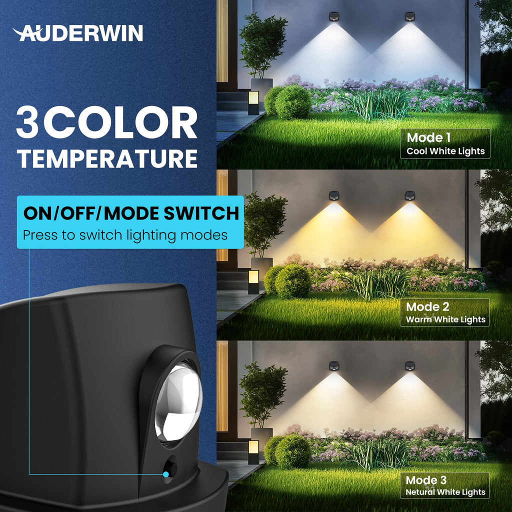 AUDERWIN Solar Fence Lights Outdoor Waterproof Dual Color LED 12 Pack