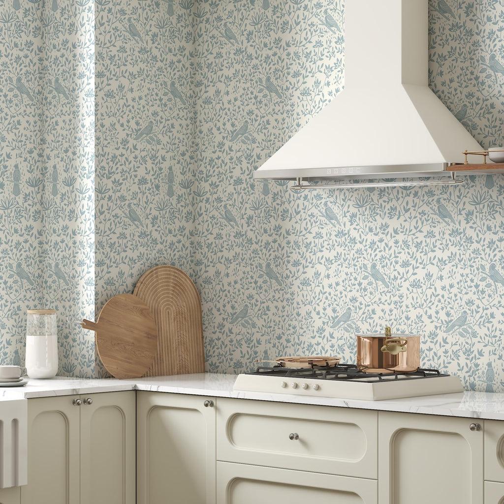 HELLKIT Peel Stick Wallpaper Blue Beige Bird 17.3x78.8in Vinyl Roll