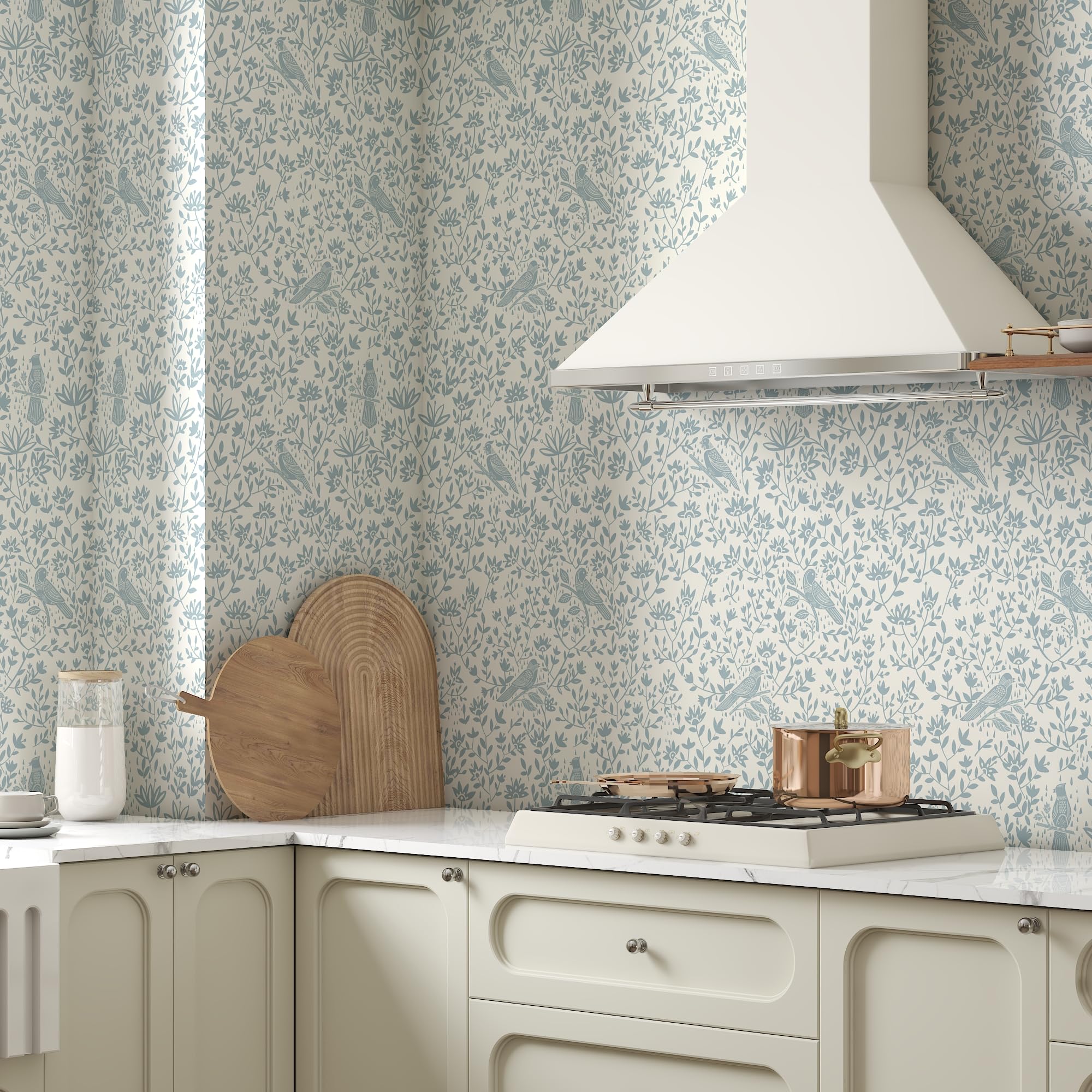 HELLKIT Peel Stick Wallpaper Blue Beige Bird 17.3x78.8in Vinyl Roll