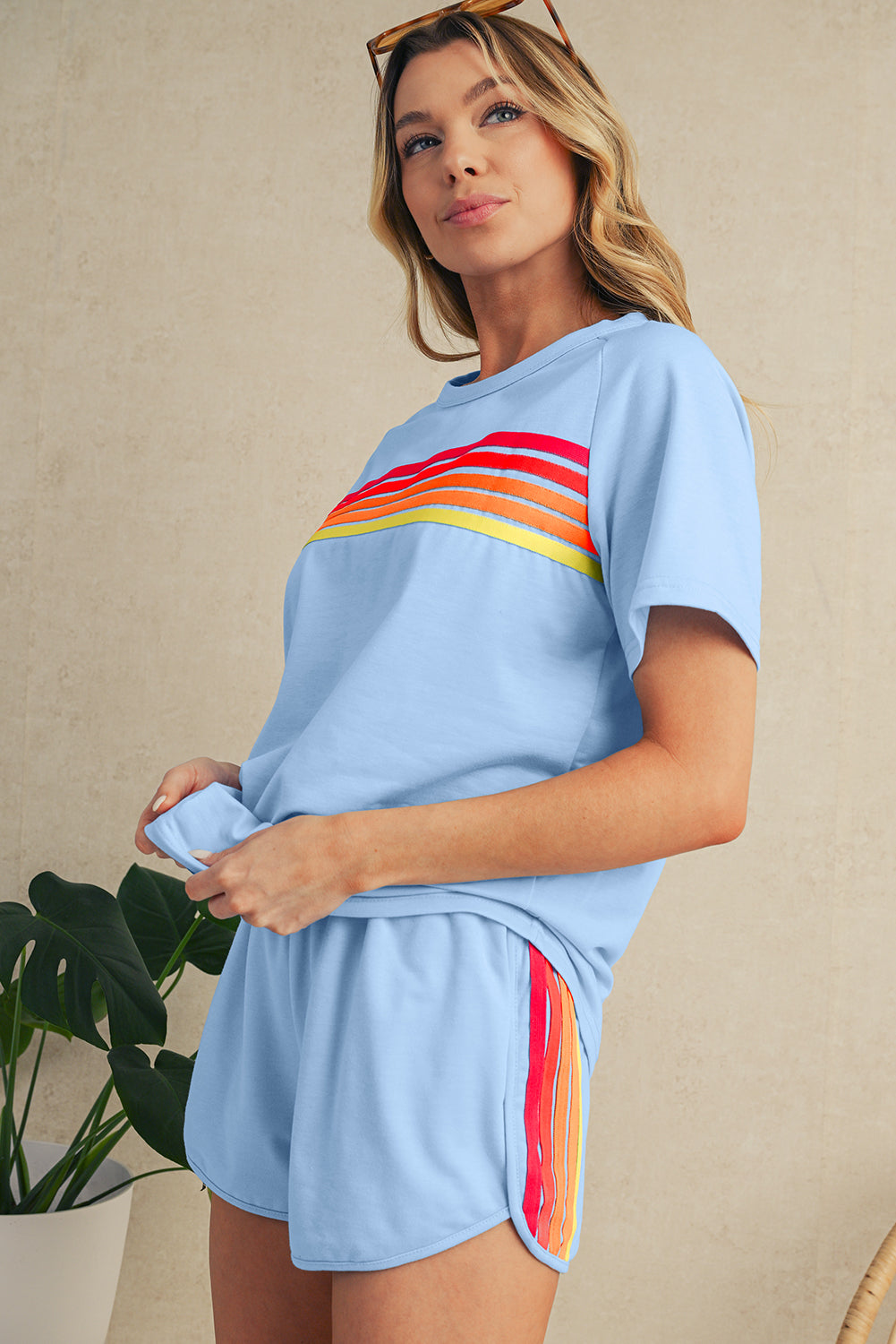 Beau Blue Colorful Striped Casual Tee
