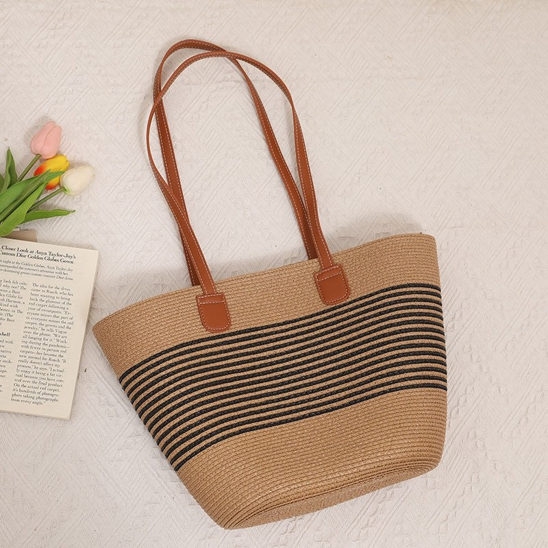 Grass Striped Woven Tote with Ample Storage