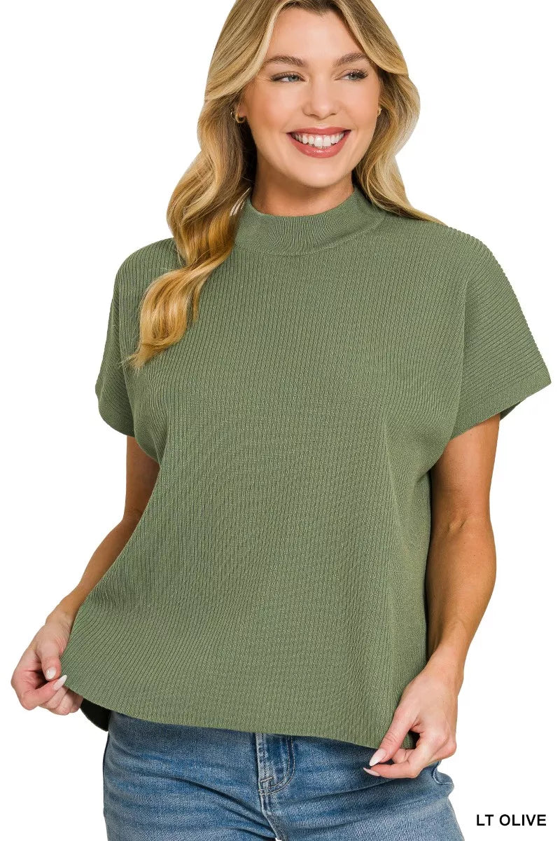 Viscose Mock Neck Short Sleeve Boxy Sweater