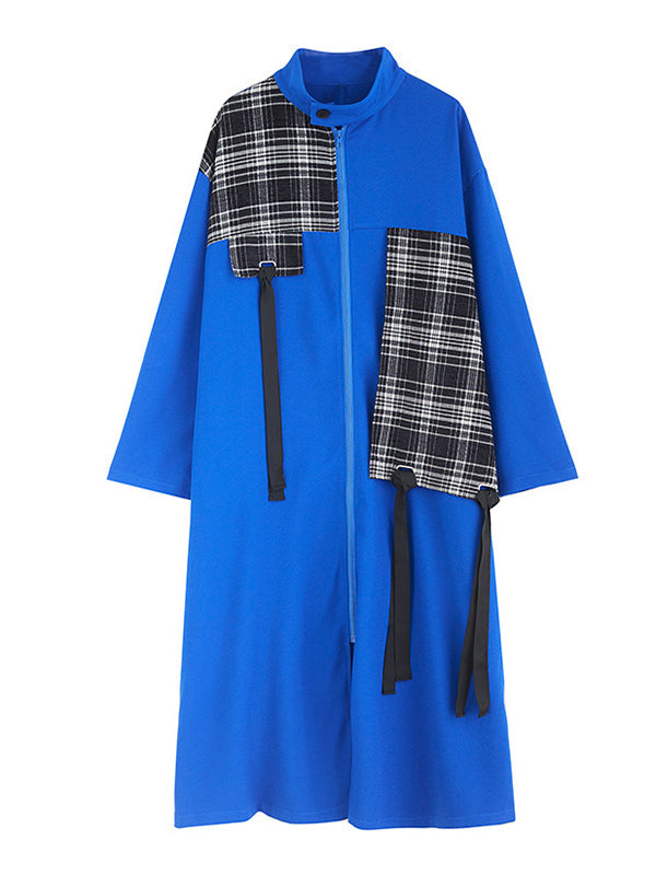 Original Long Sleeves Loose Contrast Color Plaid Split-Joint Zipper Stand Collar Outerwear