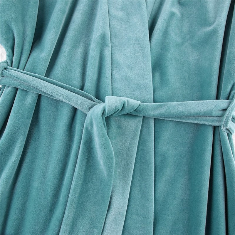 Solid Color Crystal Velvet Nightgown with Long Sleeves and Waist Tie