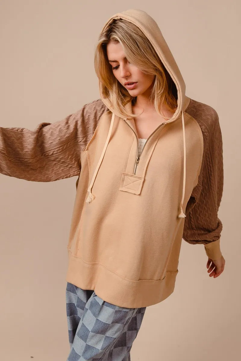 Half Zip French Terry Hoodie with Kint Sleeves