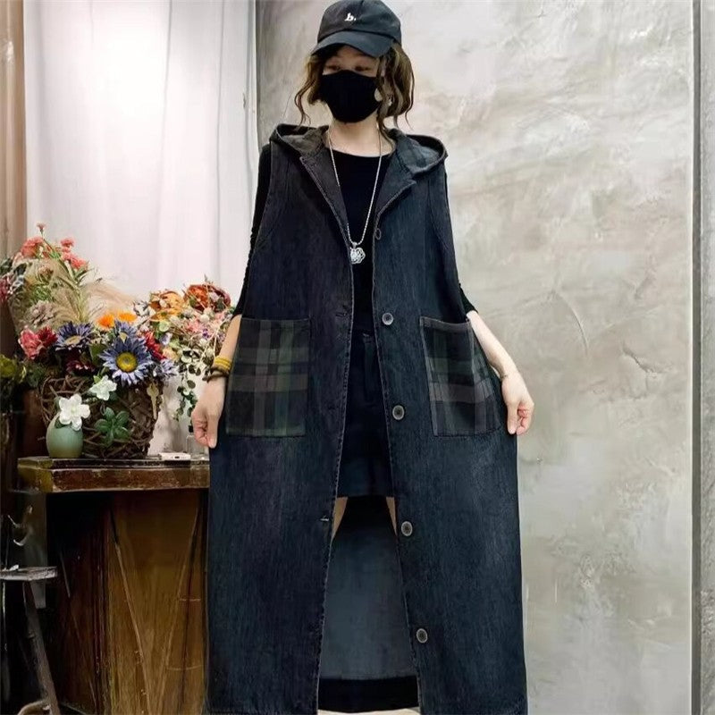Vintage Hooded Patchwork Plaid Long Denim Vest