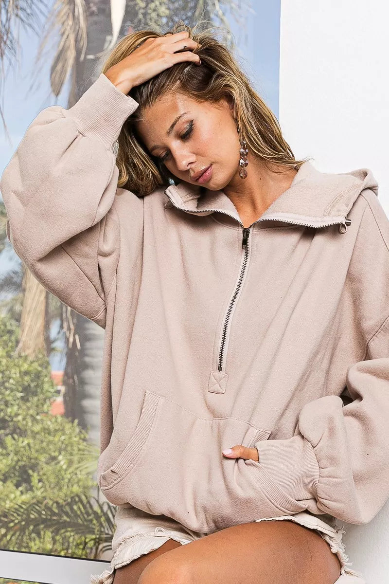 Stitch Detailed Elastic Hem Half Zip Fleece Hoodie