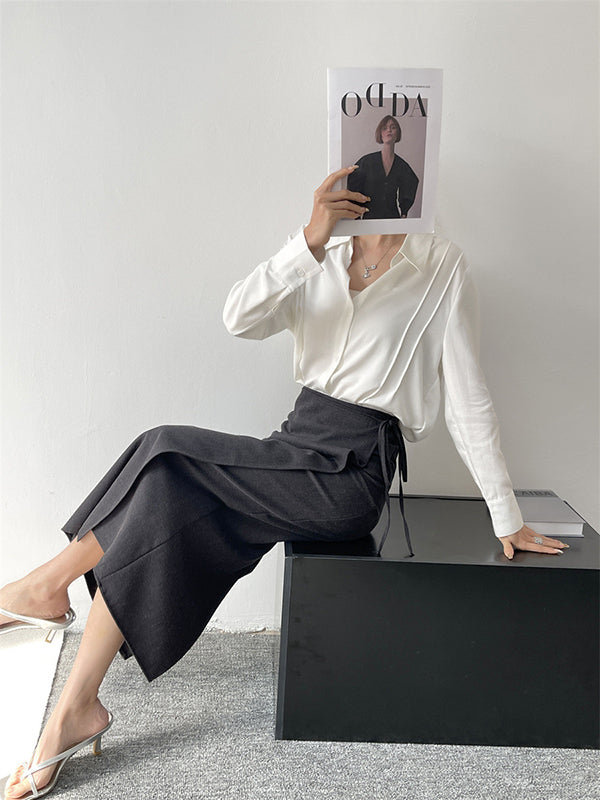 Long Sleeves Loose Pleated Split-Joint Lapel Blouses&Shirts Tops