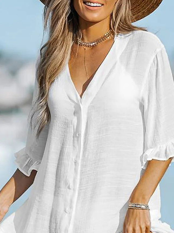 Half Sleeves Loose Floral Pleated Split-Joint V-Neck Mini Dresses