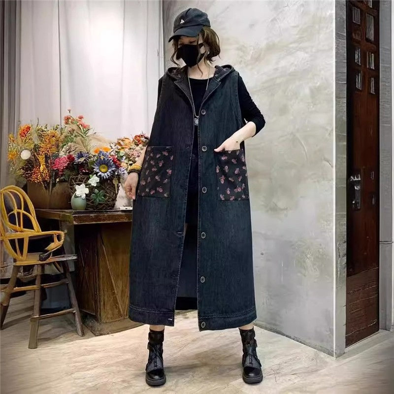 Loose Hooded Long Denim Vest With Printed Patterns