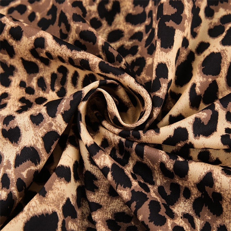 Leopard Print Long Sleeve Lapel Blouse with Waist Tie and Matching Pants Set - Loungewear Pajama Suit