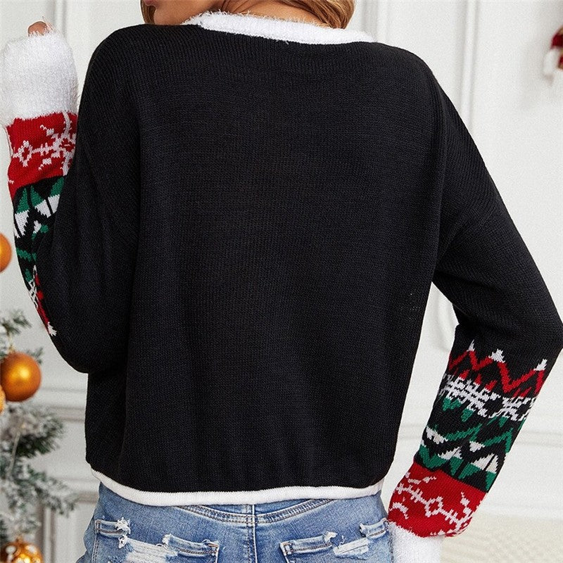 Sparkling Embroidered Cat Short Jacquard Christmas Sweater