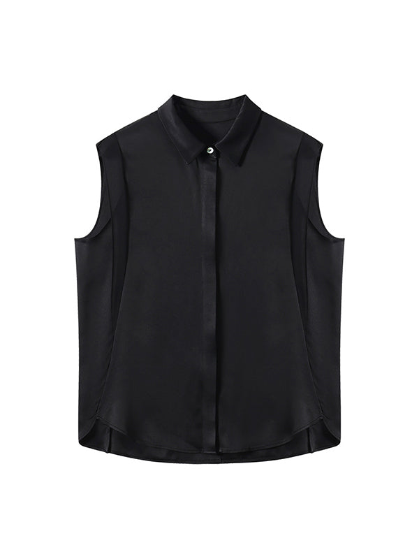Loose Sleeveless Buttoned Solid Color Split-Joint Lapel Blouses&Shirts Tops