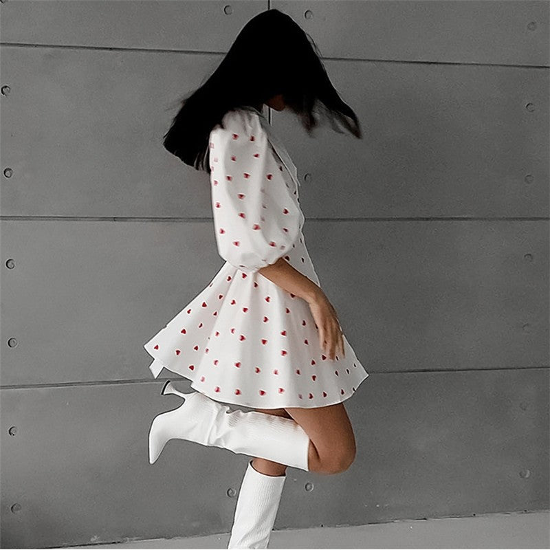 Printed Bubble Sleeve Dress with Cinched Waist, Lapel, and Minimalist Styling