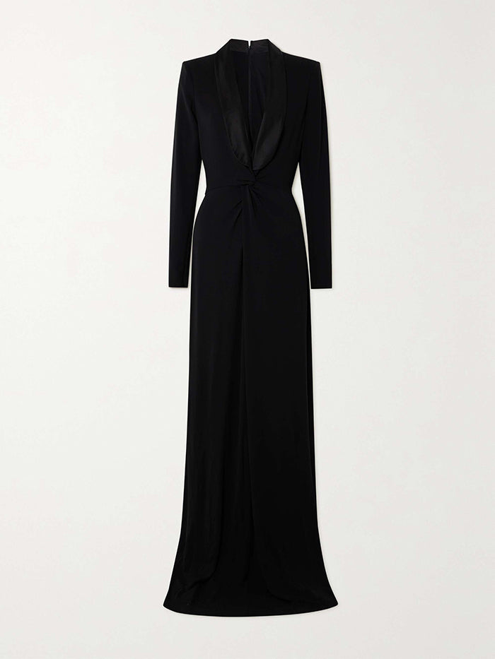 Solid Color Deep V-Neck Maxi Dress with Long Sleeves