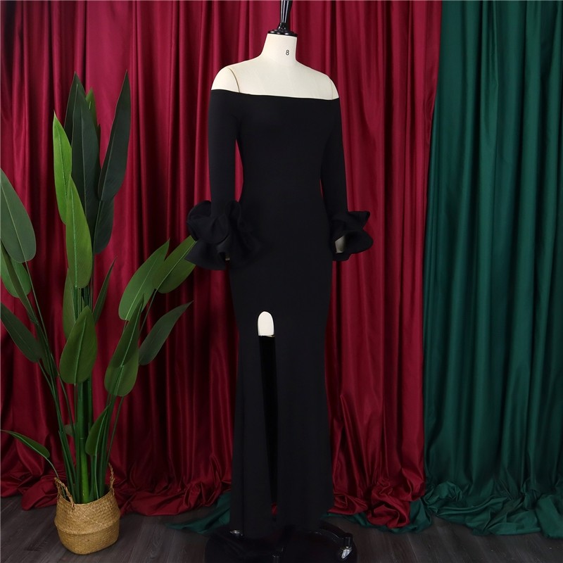 One-Shoulder Solid Color Evening Dress with Slit and Ruffle Sleeve