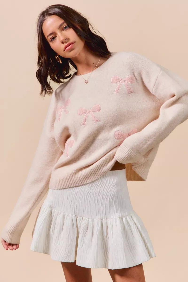 Embroidered Ribbon Round Neck Sweater