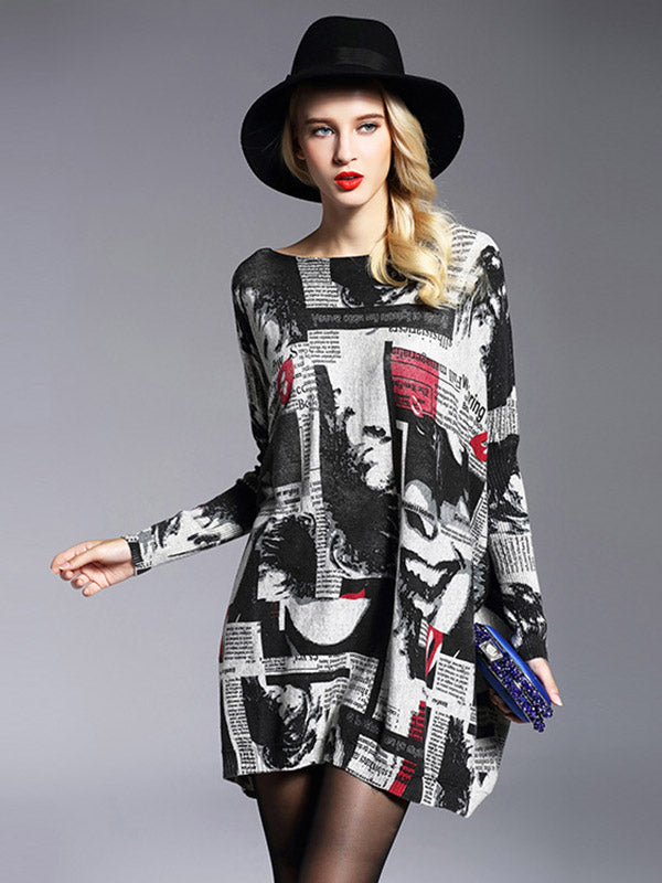 Urban Loose One-Shoulder Printed Split-Joint Sweater