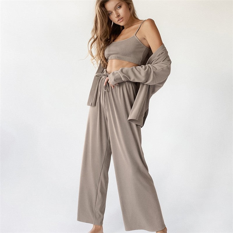 Three-Piece Cozy Home Ensemble - Tank Top, Lounge Pants, Long Robe