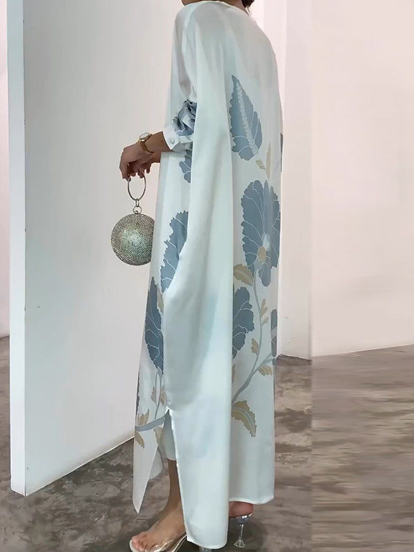 Long Sleeve Buttoned Muslim V-Neck Midi Dress with Contrast Color Flower & Leaves Print