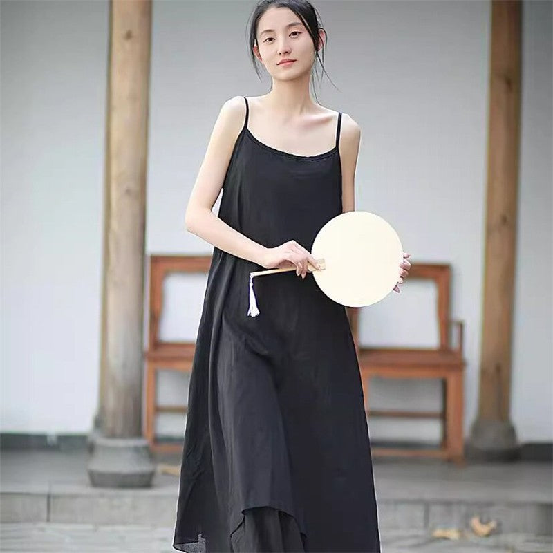 Hem Double-Layer Solid Color Sling Dress with Irregular Design