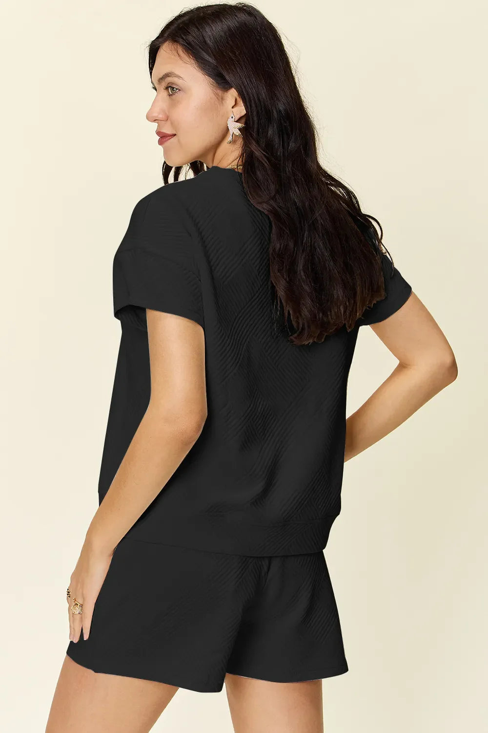 I am a Fashion Junky Full Size Texture Short Sleeve T-Shirt and Drawstring Shorts Set
