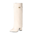 Women's Pointed-Toe High-Shaft Mid-Calf Boots with Metal Buckles | Chunky Heel Side Zipper