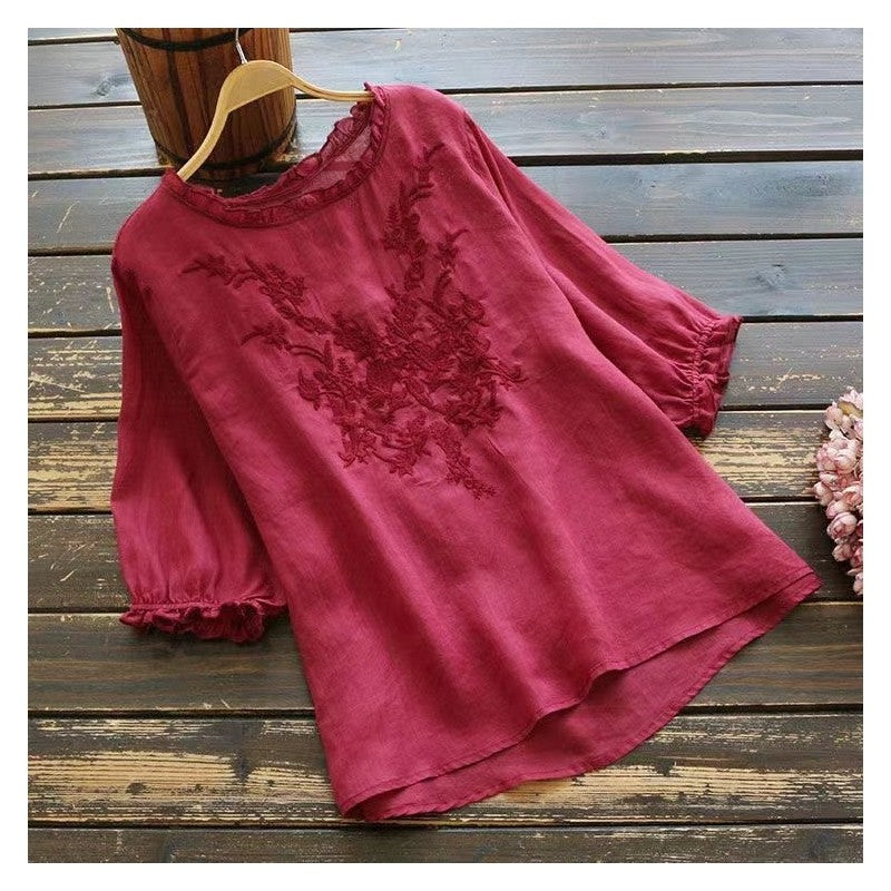 Linen and Cotton Embroidered Short-Sleeve Blouse