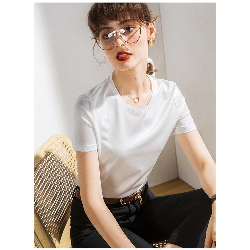 Solid Color Crewneck Short Sleeves Shiny T-Shirt